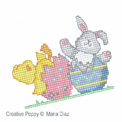 Poussin et lapin de Pâques broderie point de croix, création Maria Diaz, zoom3