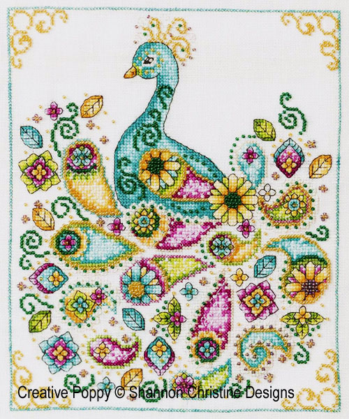 Paon motif cachemire (Paisley Peacock), grille de broderie, création Shannon Christine Wasilieff