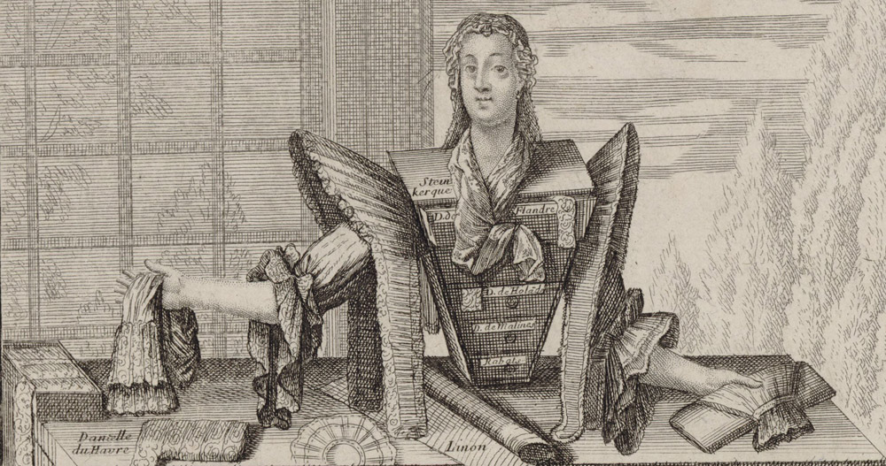 Détails des dentelles, rabats et linon vendus sur le comptoir de la lingère - 1695 Paris