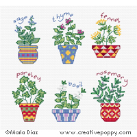 Petits pots d&#039;herbes aromatiques - grille point de croix - cr&eacute;ation Maria Diaz