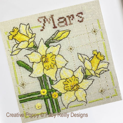 Anthea - Mars - Jonquilles, grille de broderie, création Faby Reilly