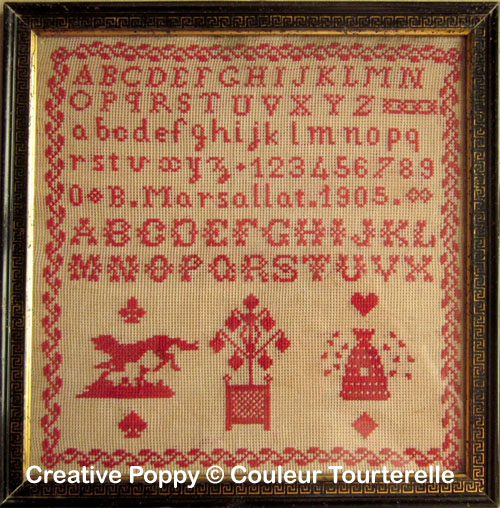 Couleur Tourterelle - B Marsallat 1905 (Reproduction de marquoir ancien), détail 5 (grille point de croix)