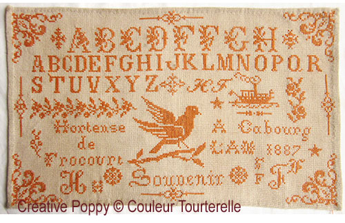 Couleur Tourterelle - Hortense de Frocourt 1887 (reproduction de marquoir ancien), détail 5 (grille point de croix)