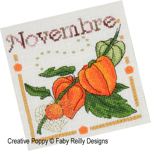Anthea - Novembre - Physalis, grille de broderie, création Faby Reilly