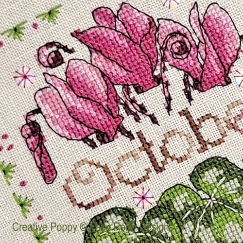 Anthea - Octobre - Cyclamen, grille de broderie, création Faby Reilly