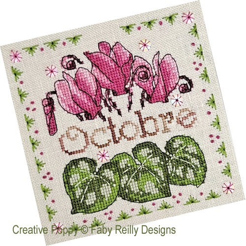 Anthea - Octobre - Cyclamen, grille de broderie, création Faby Reilly