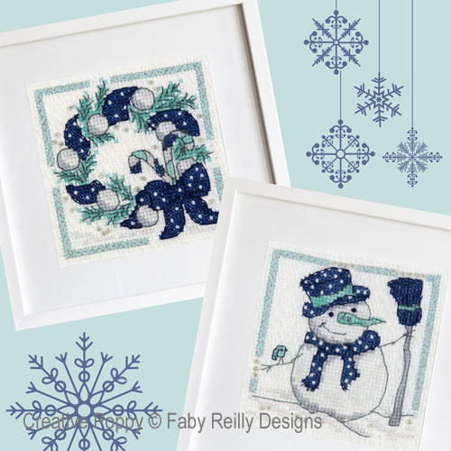 Mini cadres de Noël marine-menthe (2 motifs), grille de broderie, création Faby Reilly