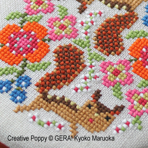 Gera! Kyoko Maruoka - Motifs pour boites rondes 1 : oiseaux, écureuils et fleurs (Grille de broderie)