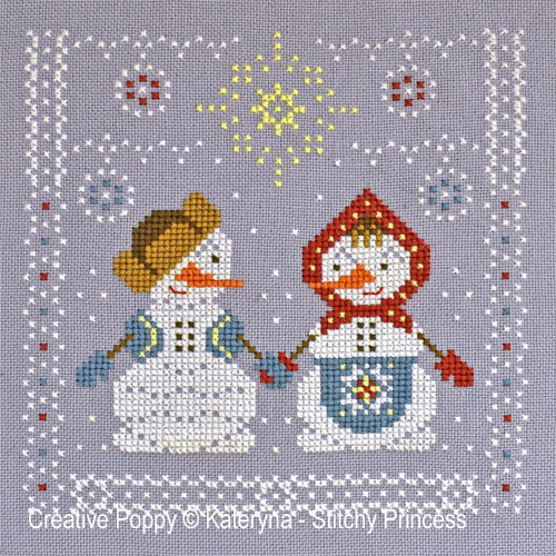 <b>Bonhommes de neige, garçon et fille</b><br>grille point de croix<br>création <b>Kateryna - Stitchy Princess</b>