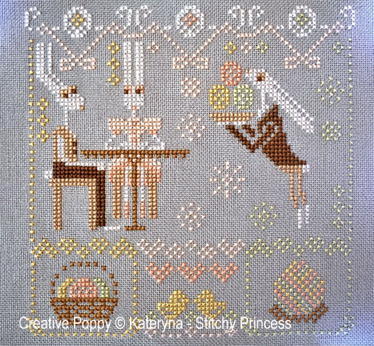 Les lapins au salon de thé, grille de broderie au point de croix, création Kateryna - Stitchy Princess