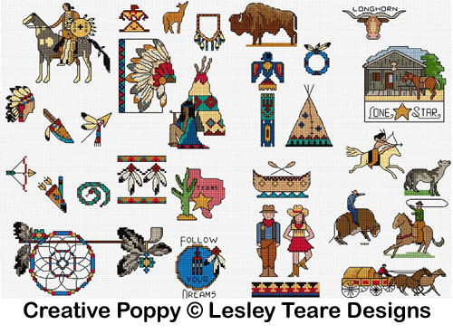 30 mini motifs Western, grille de broderie, création Lesley Teare