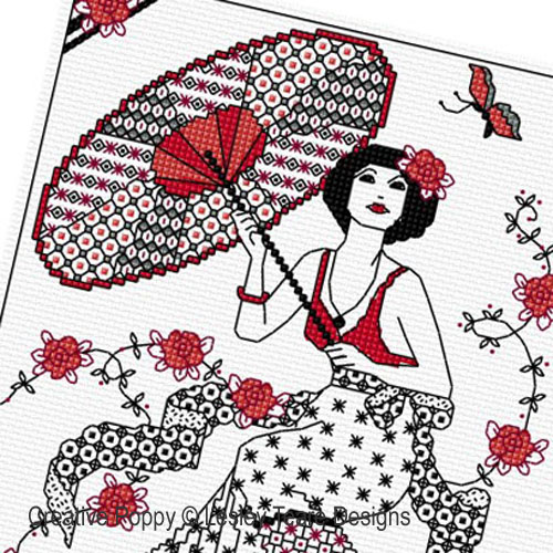 Lesley Teare - Blackwork - Dame au parasol, zoom 2 (grille de broderie point de croix)