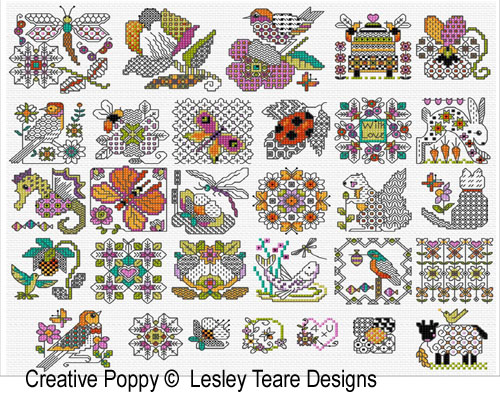 30 mini motifs de Blackwork, grille de broderie, création Lesley Teare