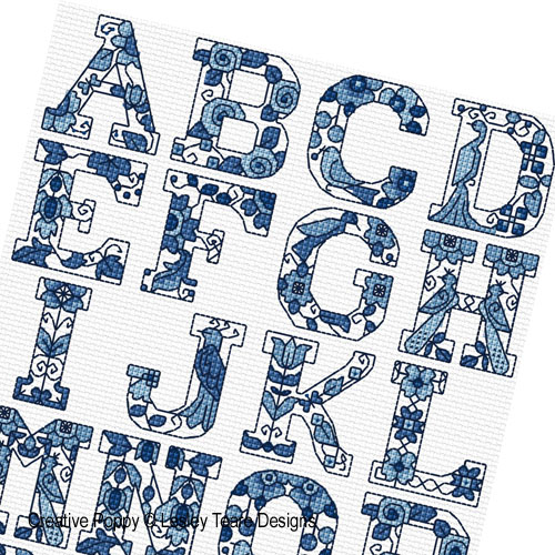 Lesley Teare Designs - Alphabet Bleu de Delft, détail 1 (grille point de croix)