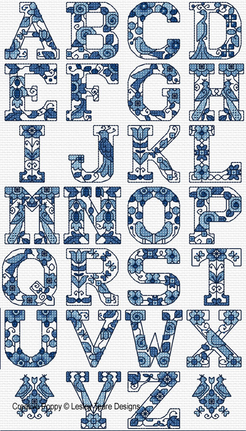 Alphabet Bleu de Delft, grille de broderie au point de croix, création Lesley Teare