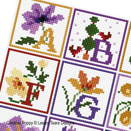 Alphabet floral, grille de broderie, création Lesley Teare (détail)