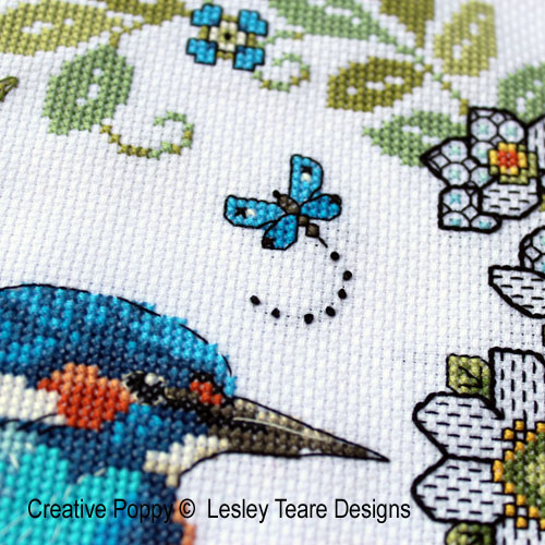 Lesley Teare - Iris et martin-pêcheur - Blackwork et couleur, zoom 4 (grille de broderie)