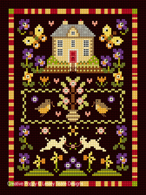 Marquoir Maison de Printemps, grille de broderie au point de croix, création Lesley Teare