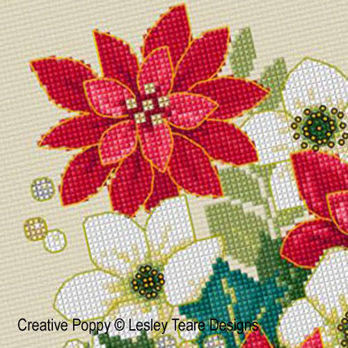 Lesley Teare Designs - Ornement de Noël aux poinsettias, détail 2 (grille point de croix)