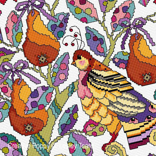 La perdrix (The partridge in the Pear tree) broderie point de croix, création Lesley Teare , zoom3