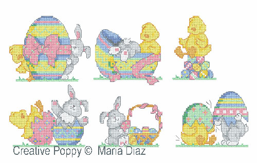 Poussin et lapin de Pâques, grille de broderie, création Maria Diaz