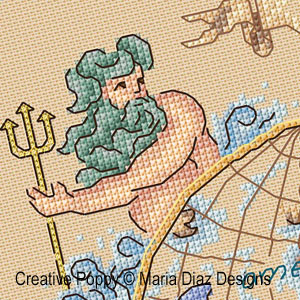 Carte nautique (Globe terrestre) broderie point de croix, création Maria Diaz, zoom2