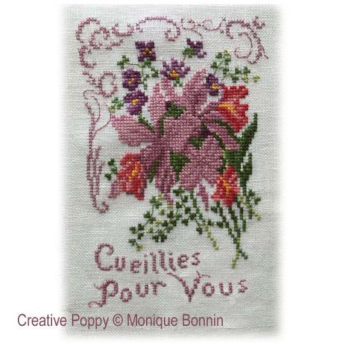 <b>Cueillies pour vous - carte postale brodée</b><br>grille point de croix<br>création <b>Monique Bonnin</b>