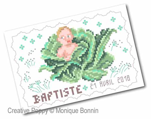 Cartes de naissance brodées - format carte postale, grille de broderie, création Monique Bonnin