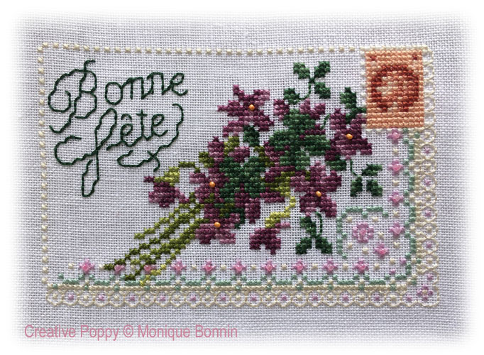 Douces violettes (Bonne Fête) - carte postale brodée, grille de broderie, création Monique Bonnin