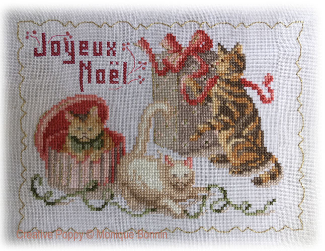Joyeux Noël aux chatons (carte de voeux brodée), grille de broderie, création Monique Bonnin
