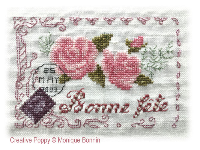 Les roses anciennes (Bonne fête) - carte postale brodée, grille de broderie, création Monique Bonnin