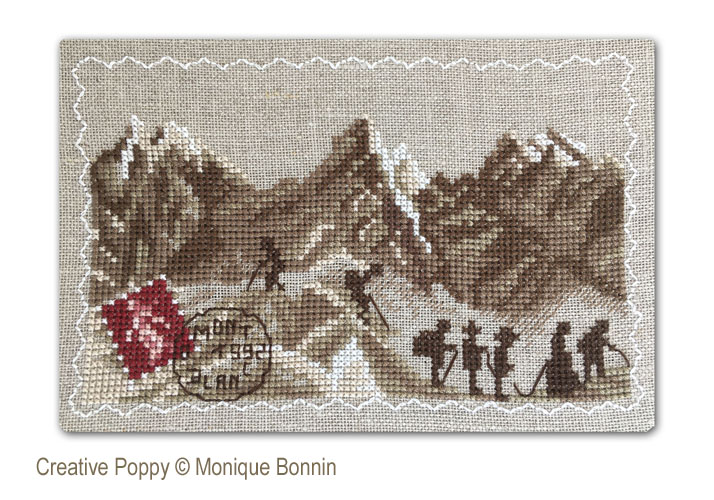Souvenir de la Mer de Glace (Mont Blanc), carte postale ancienne brodée, grille de broderie, création Monique Bonnin