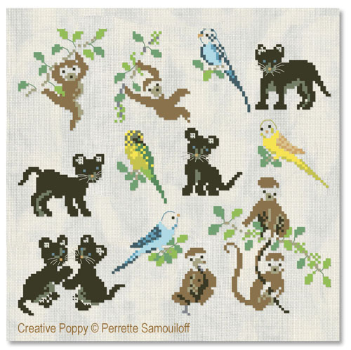 Bébés animaux de la jungle - Mini motifs et alphabet, grille de point de croix, création Perrette Samouiloff