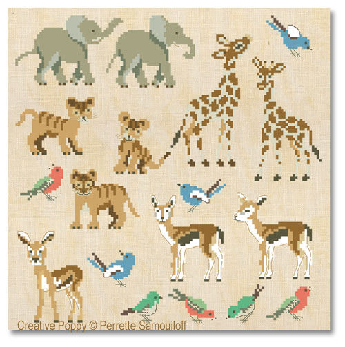 Bébés animaux de la savane - Mini motifs et alphabet, grille de point de croix, création Perrette Samouiloff