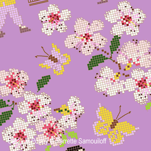 Perrette Samouiloff - Sous les cerisiers en fleurs, zoom 2 (grille de broderie point de croix)