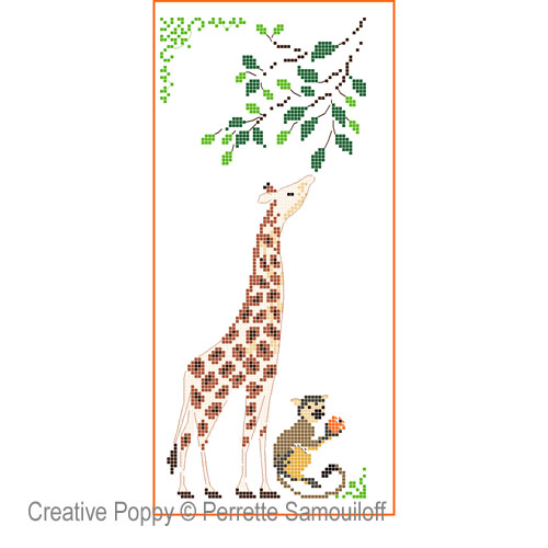 Girafe et bébé singe, grille de broderie, création Perrette Samouiloff