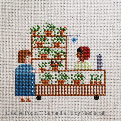Samantha Purdy - Le stand de café et de plantes, zoom 2 (grille de broderie point de croix)
