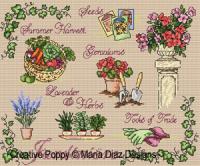 La jardini&egrave;re aux g&eacute;raniums, cr&eacute;ation Maria Diaz - grille de broderie point de croix