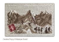 Monique Bonnin - Souvenir de la Mer de Glace (Mont Blanc), carte postale ancienne brod&eacute;e (grille point de croix)